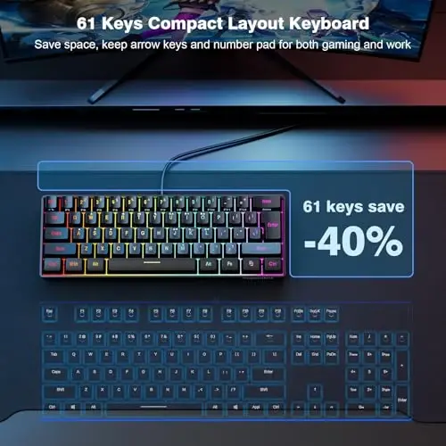 Snpurdiri 60% Wired Gaming Keyboard, RGB Backlit Ultra-Compact Mini Keyboard, Waterproof Small Compact 61 Keys for PC/Mac Gamer, Typist, Travel, Easy to Carry on Business Trip(Black) - 3