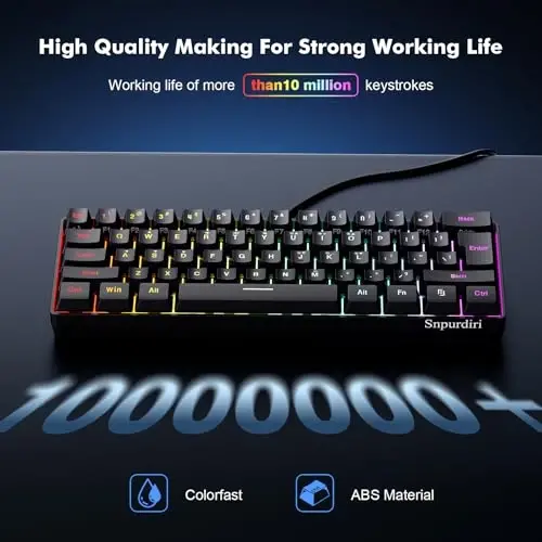 Snpurdiri 60% Wired Gaming Keyboard, RGB Backlit Ultra-Compact Mini Keyboard, Waterproof Small Compact 61 Keys for PC/Mac Gamer, Typist, Travel, Easy to Carry on Business Trip(Black) - 4