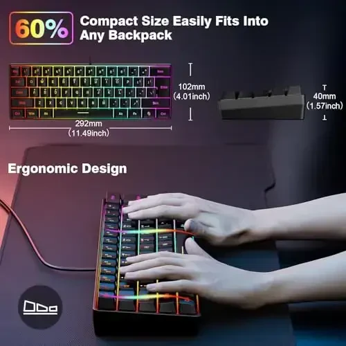 Snpurdiri 60% Wired Gaming Keyboard, RGB Backlit Ultra-Compact Mini Keyboard, Waterproof Small Compact 61 Keys for PC/Mac Gamer, Typist, Travel, Easy to Carry on Business Trip(Black) - 5