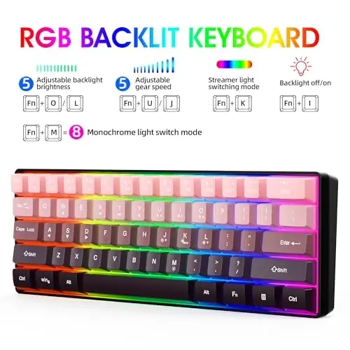 Snpurdiri 60% Wired Gaming Keyboard, 61 Keys RGB Backlit Ultra-Compact Small Gaming Keyboard, for PC/Mac Gamer, Typist, Travel, Easy to Carry on Business Trip (Pink-Black) - SNPURDIRI (1)