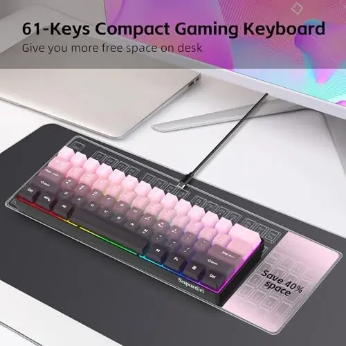 Snpurdiri 60% Wired Gaming Keyboard, 61 Keys RGB Backlit Ultra-Compact Small Gaming Keyboard, for PC/Mac Gamer, Typist, Travel, Easy to Carry on Business Trip (Pink-Black) - 4
