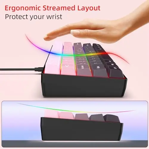 Snpurdiri 60% Wired Gaming Keyboard, 61 Keys RGB Backlit Ultra-Compact Small Gaming Keyboard, for PC/Mac Gamer, Typist, Travel, Easy to Carry on Business Trip (Pink-Black) - 6