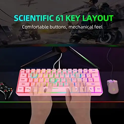 Snpurdiri 60% Wired Gaming Keyboard, 61 Keys RGB Backlit Ultra-Compact Mini Gaming Keyboard for PC/Mac Gamer, Typist, Travel, Easy to Carry on Business Trip(Pink) - 3