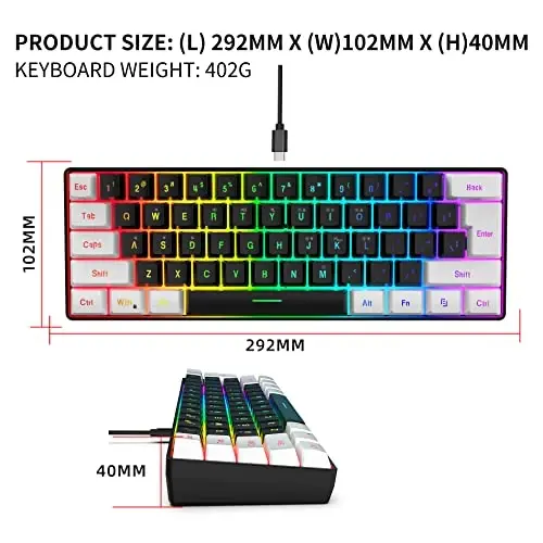 Snpurdiri 60% Wired Gaming Keyboard, Small RGB Backlit Membrane Gaming Keyboard, Ultra-Compact Mini Waterproof Keyboard for PC Computer Gamer White and Black - 6