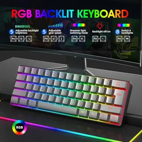 Snpurdiri 60% Wired Gaming Keyboard, RGB Backlit Ultra-Compact 61 Keys 60 Percent Mini Gaming Keyboard for PC/Mac Gamer, Typist, Travel, Easy to Carry on Business Trip(Iron Grey) - 3