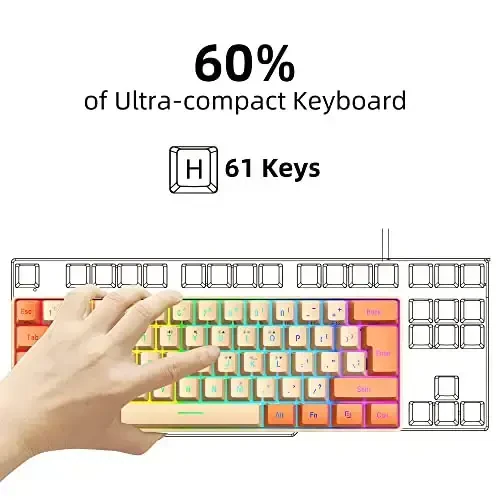 Snpurdiri 60% Wired Gaming Keyboard, RGB Backlit Ultra-Compact Mini Keyboard, Waterproof Mini Compact 61 Keys Keyboard for PC/Mac Gamer, Typist, Travel (Orange and Cream) - 3