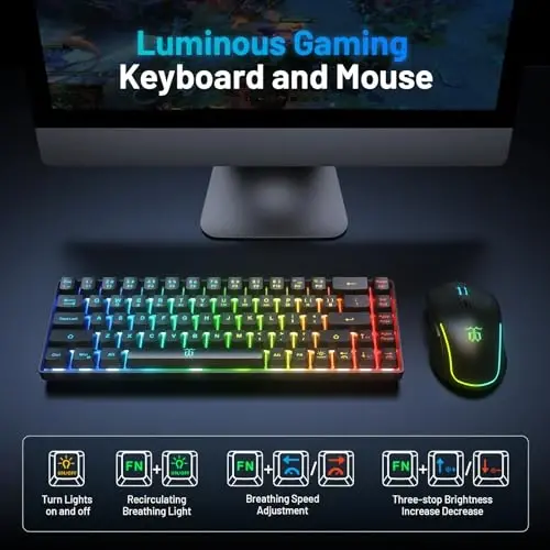 Snpurdiri 60% Wireless Gaming Keyboard and Mouse Combo,LED Backlit Rechargeable 2000mAh Battery,Small Membrane But Mechanical Feel Keyboard + Popular RGB Mice for Gaming,Business Office - 3