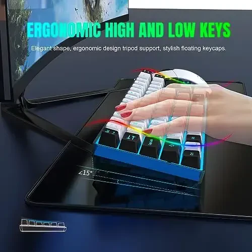 Snpurdiri 60% Wireless Gaming Keyboard and Mouse Combo,Ice Blue Backlit Rechargeable 2000mAh Battery,Mini Mechanical Feel Anti-ghosting Keyboard + Popular RGB Mice for Gaming, Office(White-Black) - 5