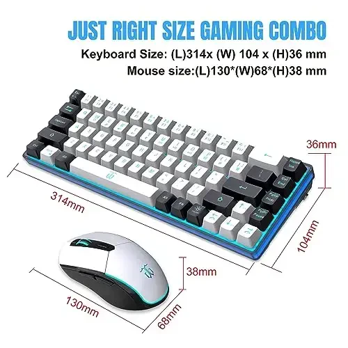 Snpurdiri 60% Wireless Gaming Keyboard and Mouse Combo,Ice Blue Backlit Rechargeable 2000mAh Battery,Mini Mechanical Feel Anti-ghosting Keyboard + Popular RGB Mice for Gaming, Office(White-Black) - 7
