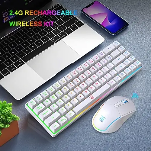 Snpurdiri 60% Wireless Gaming Keyboard and Mouse Combo,LED Backlit Rechargeable 2000mAh Battery,Mini Mechanical Feel Anti-ghosting Keyboard +Popular RGB Gaming Mice for PC Gamer (White) - 7