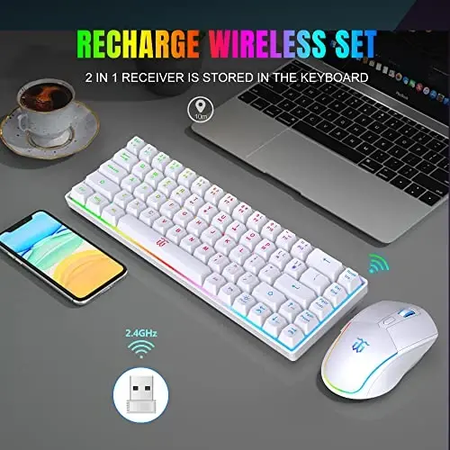 Snpurdiri 60% Wireless Gaming Keyboard and Mouse Combo,LED Backlit Rechargeable 2000mAh Battery,Mini Mechanical Feel Anti-ghosting Keyboard +Popular RGB Gaming Mice for PC Gamer (White) - 2