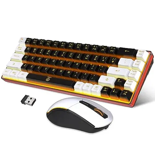 Snpurdiri 60% Wireless Gaming Keyboard and Mouse Combo,Orange Backlit Rechargeable 2000mAh Battery,Mini Mechanical Feel Anti-ghosting Keyboard + Popular RGB Mice for Gaming, Office(Black-White) - 1