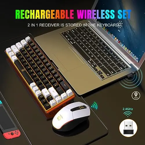 Snpurdiri 60% Wireless Gaming Keyboard and Mouse Combo,Orange Backlit Rechargeable 2000mAh Battery,Mini Mechanical Feel Anti-ghosting Keyboard + Popular RGB Mice for Gaming, Office(Black-White) - 2