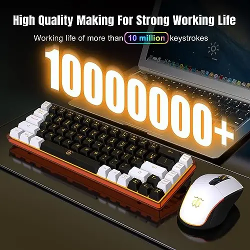 Snpurdiri 60% Wireless Gaming Keyboard and Mouse Combo,Orange Backlit Rechargeable 2000mAh Battery,Mini Mechanical Feel Anti-ghosting Keyboard + Popular RGB Mice for Gaming, Office(Black-White) - 5