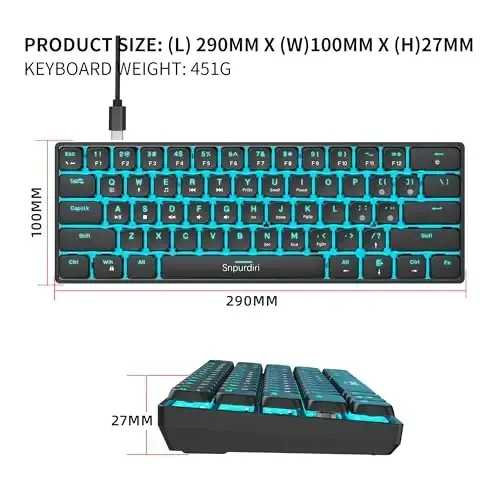Snpurdiri 60% Mechanical Keyboard Red Switches Low Profile, 60 Percent Gaming Keyboard Ice Blue Backlit for Office, PC, Business Trip (Black, Low Profile Red Switches) - 3