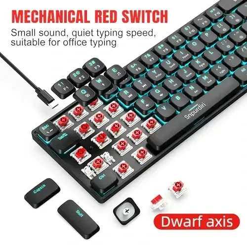 Snpurdiri 60% Mechanical Keyboard Red Switches Low Profile, 60 Percent Gaming Keyboard Ice Blue Backlit for Office, PC, Business Trip (Black, Low Profile Red Switches) - 5