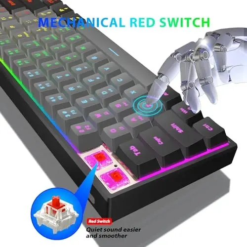 Snpurdiri 60 Percent Machanical Keyboard Red Switches, Full Anti-Ghosting 60% Gaming Keyboard Rainbow Backlit for PC Gamer Office Business (Black-Grey, Red Switches) - 3
