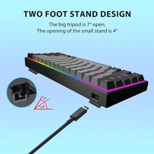 Snpurdiri 60 Percent Machanical Keyboard Red Switches, Full Anti-Ghosting 60% Gaming Keyboard Rainbow Backlit for PC Gamer Office Business (Black-Grey, Red Switches) - 5