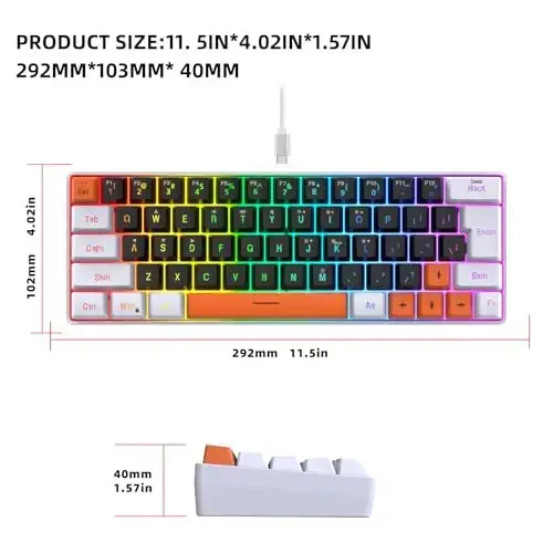 Snpurdiri 60 Percent Wired Gaming Keyboard, 63 Keys RGB Backlit Small Gaming Keyboard for PC, Gamer, Typist, Travel, Easy to Carry on Business Trip(Black-White-Orange) - 3