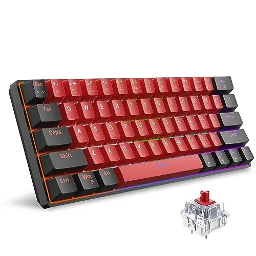 Snpurdiri 60% simli mexanik klaviatura, kompyuter uchun 61 tugmali mini oʻyin klaviaturasi, Windows XP, Win 7, Win 10 (qora-qizil, qizil kalitlar) 