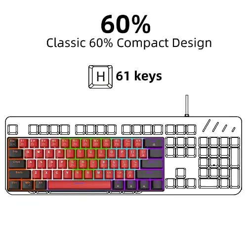 Snpurdiri 60% simli mexanik klaviatura, kompyuter uchun 61 tugmali mini oʻyin klaviaturasi, Windows XP, Win 7, Win 10 (qora-qizil, qizil kalitlar) - 2