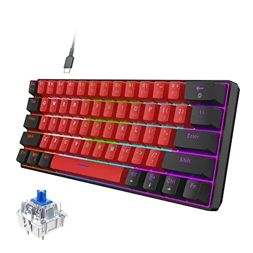 Snpurdiri 60% simli mexanik oʻyin klaviaturasi, LED yoritgichli 60 foizli oʻyin klaviaturasi Windows Laptop PC Mac uchun (Qora-qizil, koʻk kalitlar) - 1