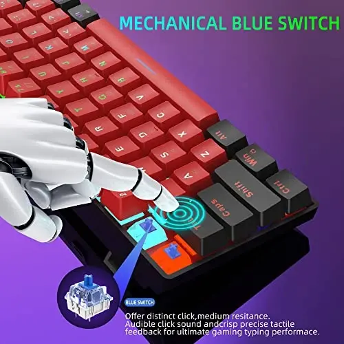 Snpurdiri 60% simli mexanik oʻyin klaviaturasi, LED yoritgichli 60 foizli oʻyin klaviaturasi Windows Laptop PC Mac uchun (Qora-qizil, koʻk kalitlar) - 3