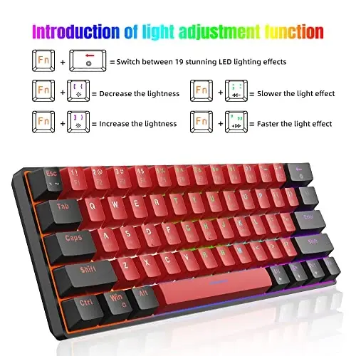 Snpurdiri 60% simli mexanik oʻyin klaviaturasi, LED yoritgichli 60 foizli oʻyin klaviaturasi Windows Laptop PC Mac uchun (Qora-qizil, koʻk kalitlar) - 4