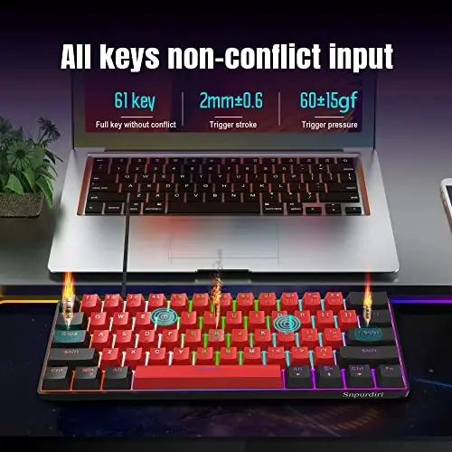 Snpurdiri 60% simli mexanik oʻyin klaviaturasi, LED yoritgichli 60 foizli oʻyin klaviaturasi Windows Laptop PC Mac uchun (Qora-qizil, koʻk kalitlar) - 5