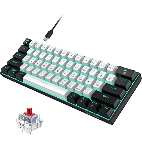 Snpurdiri 60% simli mexanik oʻyin klaviaturasi, muz koʻk LED yoritgichli 61 tugmali mini simli ofis klaviaturasi Windows noutbuk kompyuter Mac uchun (qora-oq, qizil kalitlar) 