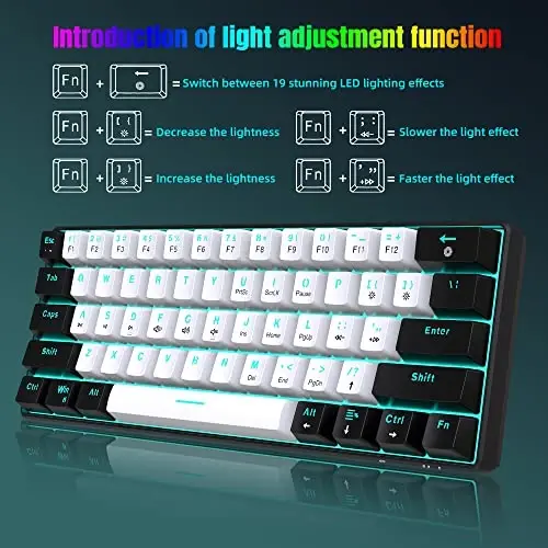 Snpurdiri 60% simli mexanik oʻyin klaviaturasi, muz koʻk LED yoritgichli 61 tugmali mini simli ofis klaviaturasi Windows noutbuk kompyuter Mac uchun (qora-oq, qizil kalitlar) - 4