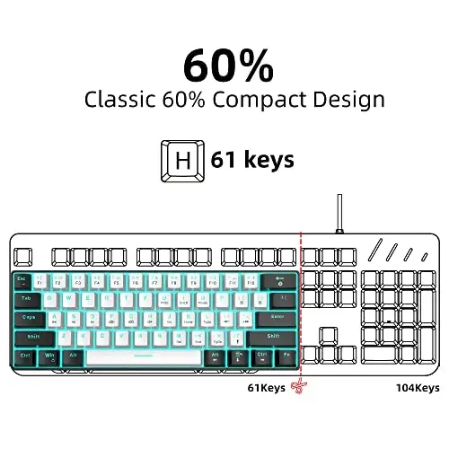 Snpurdiri 60% simli mexanik oʻyin klaviaturasi, muz koʻk LED yoritgichli 61 tugmali mini simli ofis klaviaturasi Windows noutbuk kompyuter Mac uchun (qora-oq, qizil kalitlar) - 5