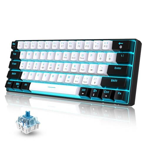 Snpurdiri 60% Simli Mexanik O'yin Klaviaturasi, Muz-Ko'k Rangli LED Orqa Yoritishli 61 Tugmali Mini Simli Ofis Klaviaturasi Windows Laptop PC Mac Uchun (Qora-Oq, Ko'k Tugmalar) - 6