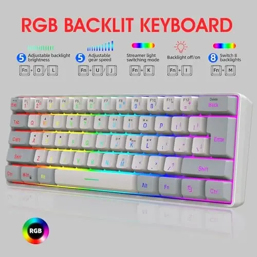 Snpurdiri 60% simli oʻyin klaviaturasi, 61 tugmali RGB yoritgichli kichik oʻyin klaviaturasi, PC/Mac oʻyinchisi, mashinist, sayohat, ish safari uchun qulay (kulrang-oq) - 2