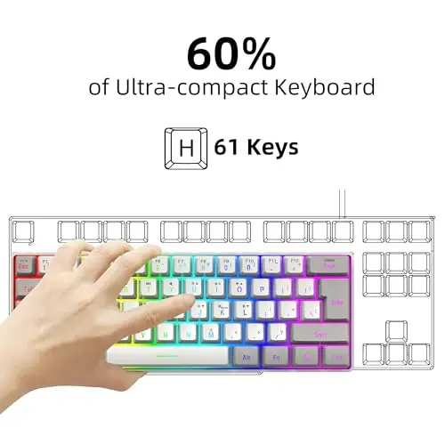 Snpurdiri 60% simli oʻyin klaviaturasi, 61 tugmali RGB yoritgichli kichik oʻyin klaviaturasi, PC/Mac oʻyinchisi, mashinist, sayohat, ish safari uchun qulay (kulrang-oq) - 3