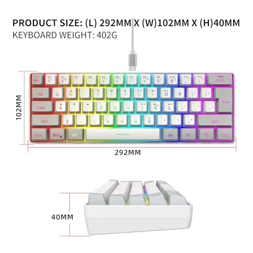 Snpurdiri 60% simli oʻyin klaviaturasi, 61 tugmali RGB yoritgichli kichik oʻyin klaviaturasi, PC/Mac oʻyinchisi, mashinist, sayohat, ish safari uchun qulay (kulrang-oq) - 5