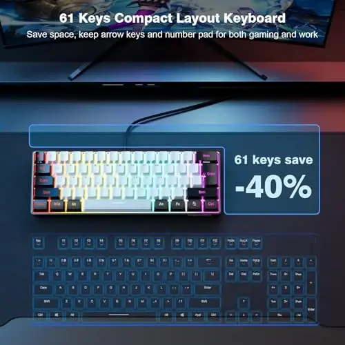 Snpurdiri 60% simli oʻyin klaviaturasi, 61 tugmali RGB yoritgichli ultra ixcham kichik oʻyin klaviaturasi, kompyuter/Mac oʻyinchisi, mashinachi, sayohat, ish safari uchun qulay (qora-oq) - 3