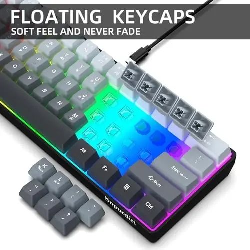 Snpurdiri 60% Wired Gaming Keyboard, 61 Keys RGB Backlit Ultra-Compact Small Gaming Keyboard, for PC/Mac Gamer, Typist, Travel, Easy to Carry on Business Trip (Grey-Black) - 4