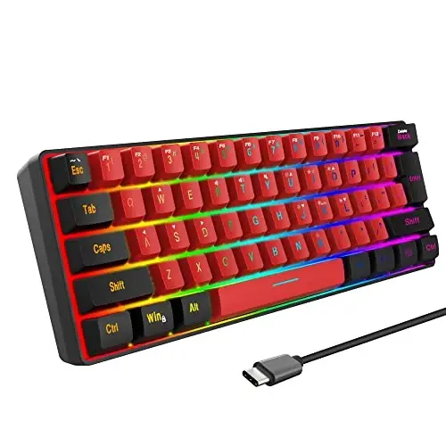Snpurdiri 60% simli oʻyin klaviaturasi, haqiqiy RGB kichik ixcham 61 tugmali mini klaviatura kompyuter/Mac oʻyinchisi, matn teruvchi, sayohat, biznes safarida olib yurish oson (qora-qizil) 
