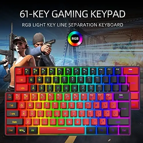 Snpurdiri 60% simli oʻyin klaviaturasi, haqiqiy RGB kichik ixcham 61 tugmali mini klaviatura kompyuter/Mac oʻyinchisi, matn teruvchi, sayohat, biznes safarida olib yurish oson (qora-qizil) - 3