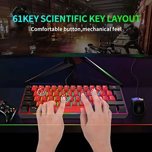 Snpurdiri 60% simli oʻyin klaviaturasi, haqiqiy RGB kichik ixcham 61 tugmali mini klaviatura kompyuter/Mac oʻyinchisi, matn teruvchi, sayohat, biznes safarida olib yurish oson (qora-qizil) - 4