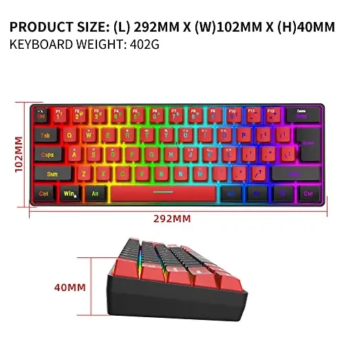 Snpurdiri 60% simli oʻyin klaviaturasi, haqiqiy RGB kichik ixcham 61 tugmali mini klaviatura kompyuter/Mac oʻyinchisi, matn teruvchi, sayohat, biznes safarida olib yurish oson (qora-qizil) - 5