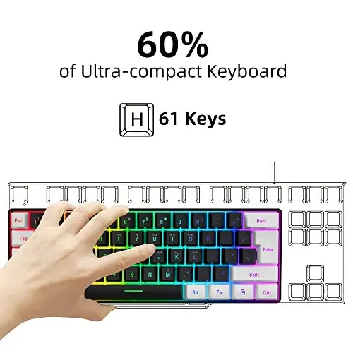 Snpurdiri 60% simli o'yin klaviaturasi, kichik RGB yoritgichli membrana o'yin klaviaturasi, shaxsiy kompyuter o'yinchisi uchun ultra ixcham mini suv o'tkazmaydigan klaviatura oq va qora - 2