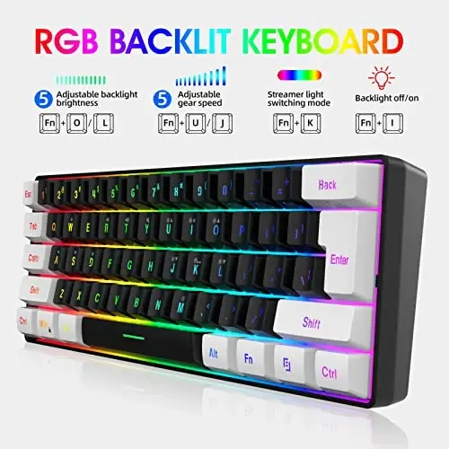 Snpurdiri 60% simli o'yin klaviaturasi, kichik RGB yoritgichli membrana o'yin klaviaturasi, shaxsiy kompyuter o'yinchisi uchun ultra ixcham mini suv o'tkazmaydigan klaviatura oq va qora - 3