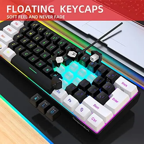 Snpurdiri 60% simli o'yin klaviaturasi, kichik RGB yoritgichli membrana o'yin klaviaturasi, shaxsiy kompyuter o'yinchisi uchun ultra ixcham mini suv o'tkazmaydigan klaviatura oq va qora - 4