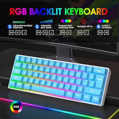 Snpurdiri 60% simli oʻyin klaviaturasi, kichik ultra ixcham 61 tugmali RGB yoritgichli 60 foizli oʻyin klaviaturasi PC/Mac oʻyinchisi, mashinist, sayohat, biznes safarida olib yurish oson (koʻk) - 3