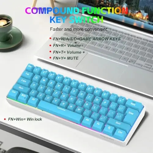 Snpurdiri 60% simli oʻyin klaviaturasi, kichik ultra ixcham 61 tugmali RGB yoritgichli 60 foizli oʻyin klaviaturasi PC/Mac oʻyinchisi, mashinist, sayohat, biznes safarida olib yurish oson (koʻk) - 4