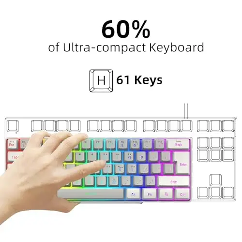 Snpurdiri 60% simli oʻyin klaviaturasi, kichik ultra ixcham 61 tugmali RGB yoritgichli 60 foizli oʻyin klaviaturasi PC/Mac oʻyinchisi, typist, sayohat, biznes safarida olib yurish oson (oq-kulrang) - 3