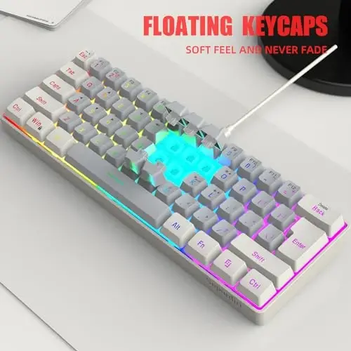Snpurdiri 60% simli oʻyin klaviaturasi, kichik ultra ixcham 61 tugmali RGB yoritgichli 60 foizli oʻyin klaviaturasi PC/Mac oʻyinchisi, typist, sayohat, biznes safarida olib yurish oson (oq-kulrang) - 5