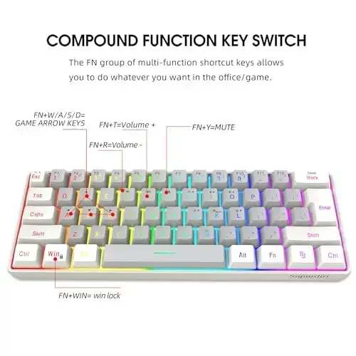 Snpurdiri 60% simli oʻyin klaviaturasi, kichik ultra ixcham 61 tugmali RGB yoritgichli 60 foizli oʻyin klaviaturasi PC/Mac oʻyinchisi, typist, sayohat, biznes safarida olib yurish oson (oq-kulrang) - 4